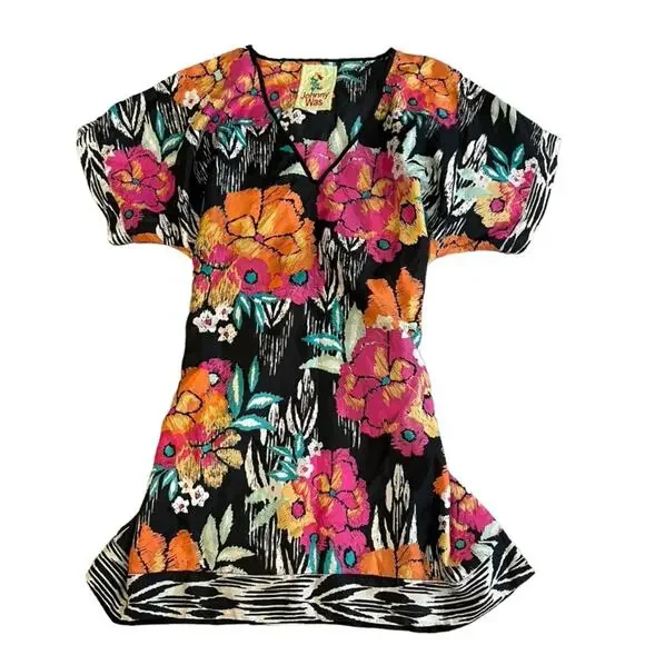 Johnny Was 100% Silk Floral Pullover Mumu Tunic Top Short Sleeve V-Neck Size XS - Picture 2 of 8